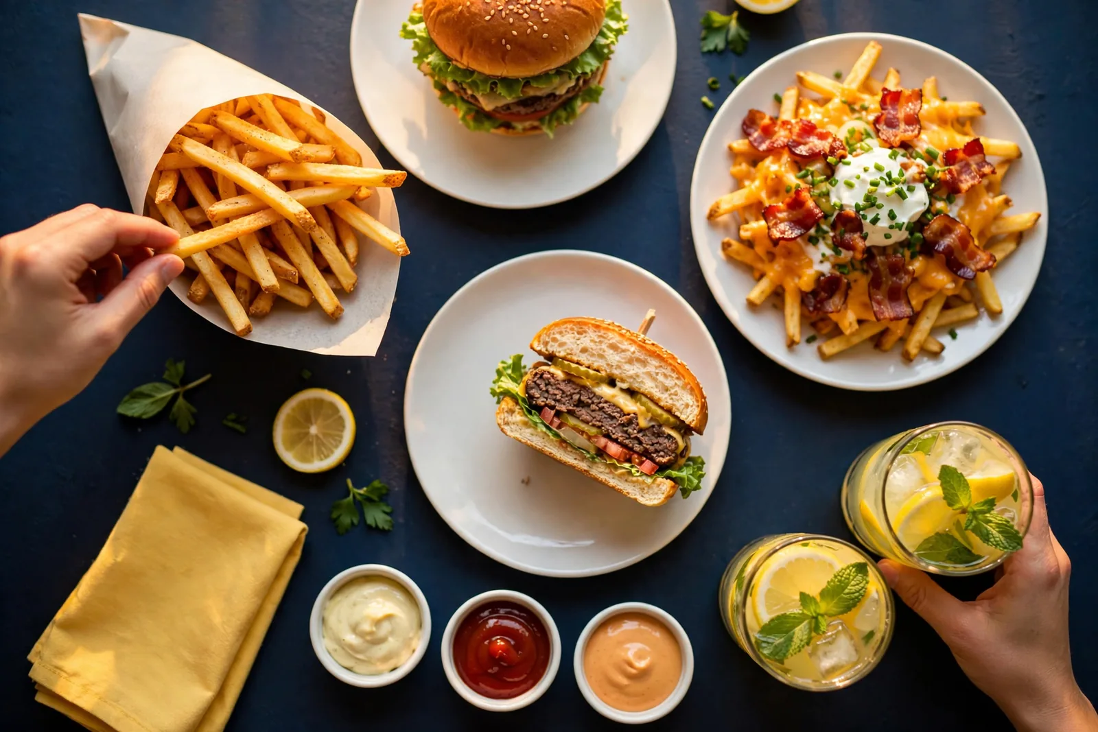 A table spread of fries, burgers and lemonades